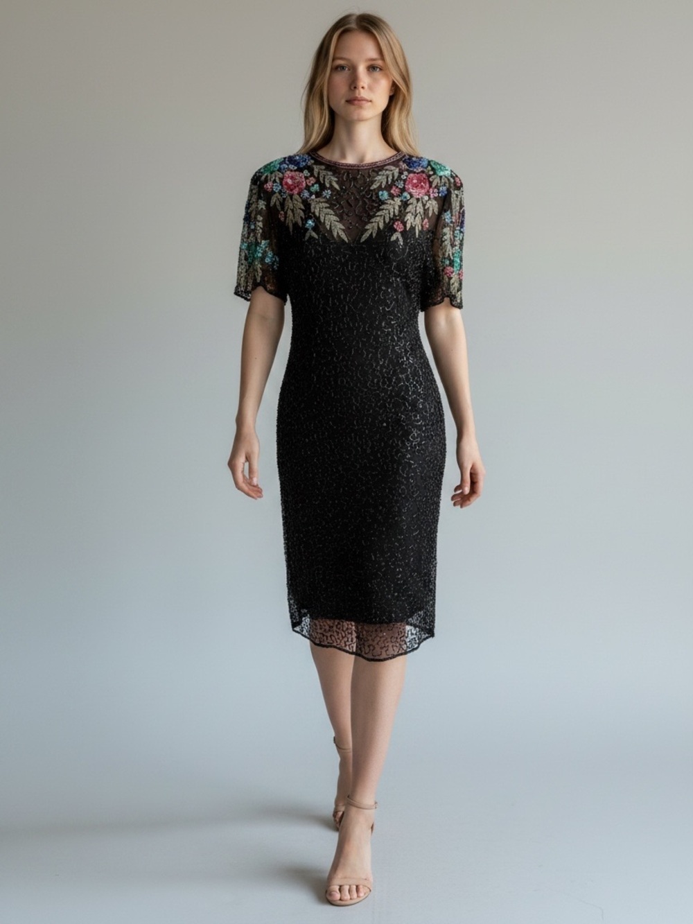 SCALA Sequin Beaded Cocktail Evening Dress Black Multi Colour Open Back Medium